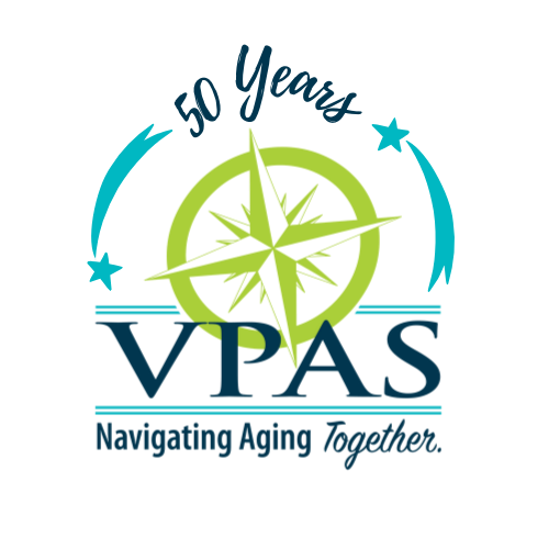 50th anniversary logo for VPAS, featuring a stylized compass and the slogan "Navigating Aging Together."