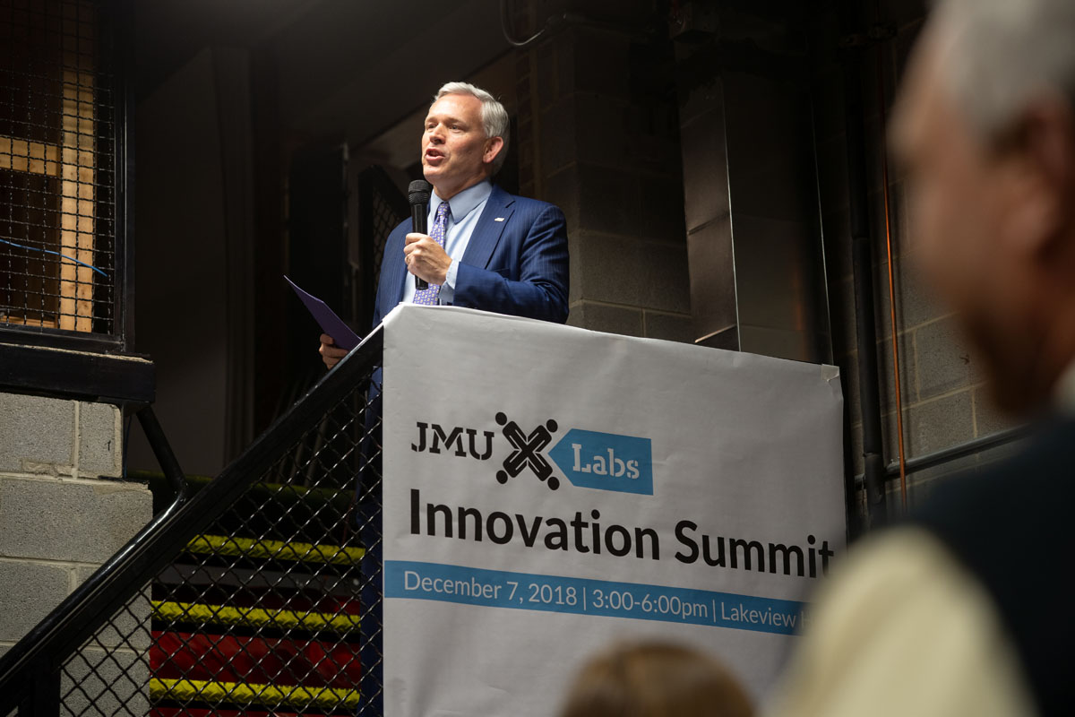 President Alger welcomes students, parents, faculty and industry partners to the Fall 2018 JMU X-Labs Innovation Summit.
