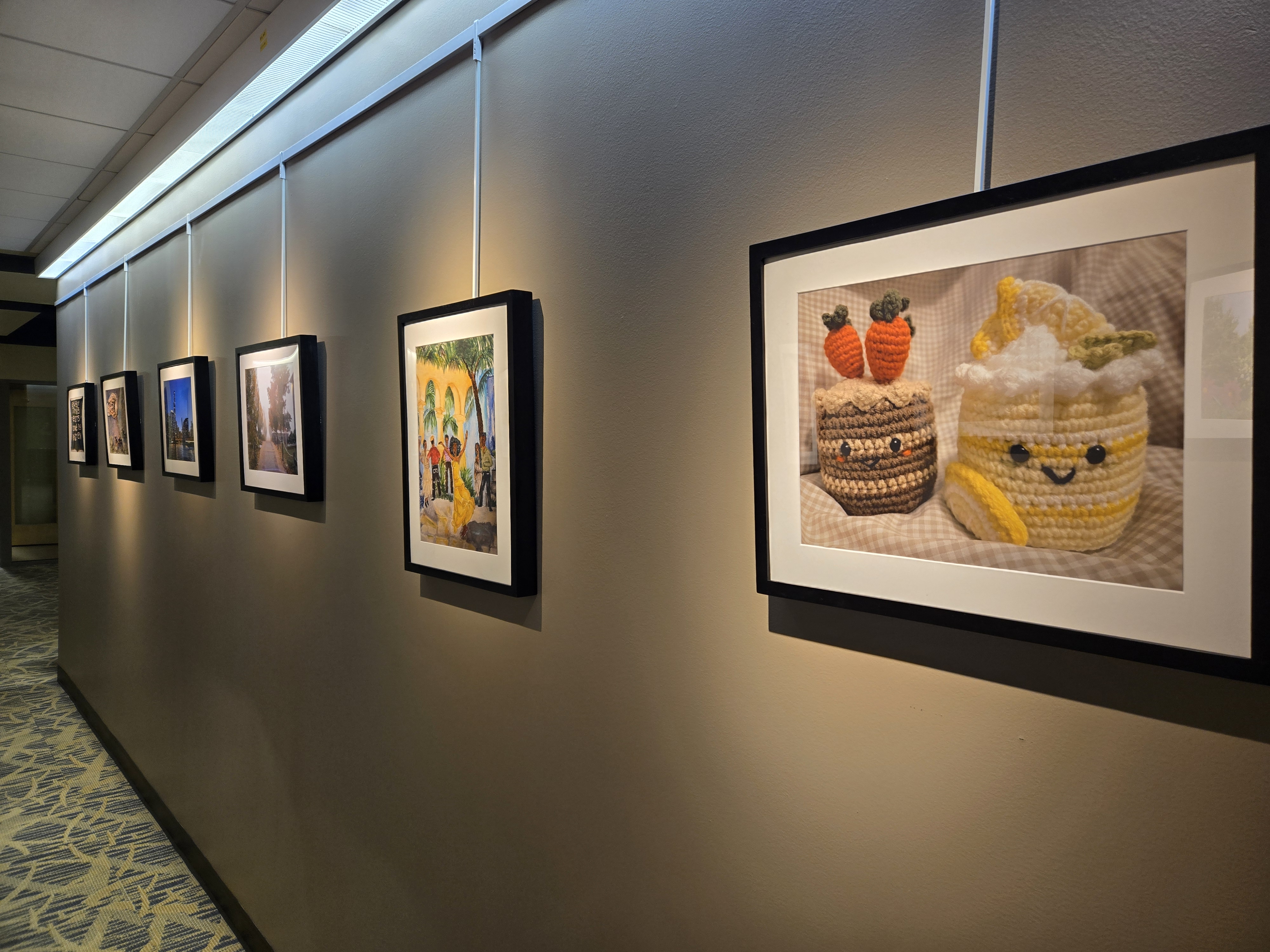 Photograph of micro-gallery wall featuring crochet artwork