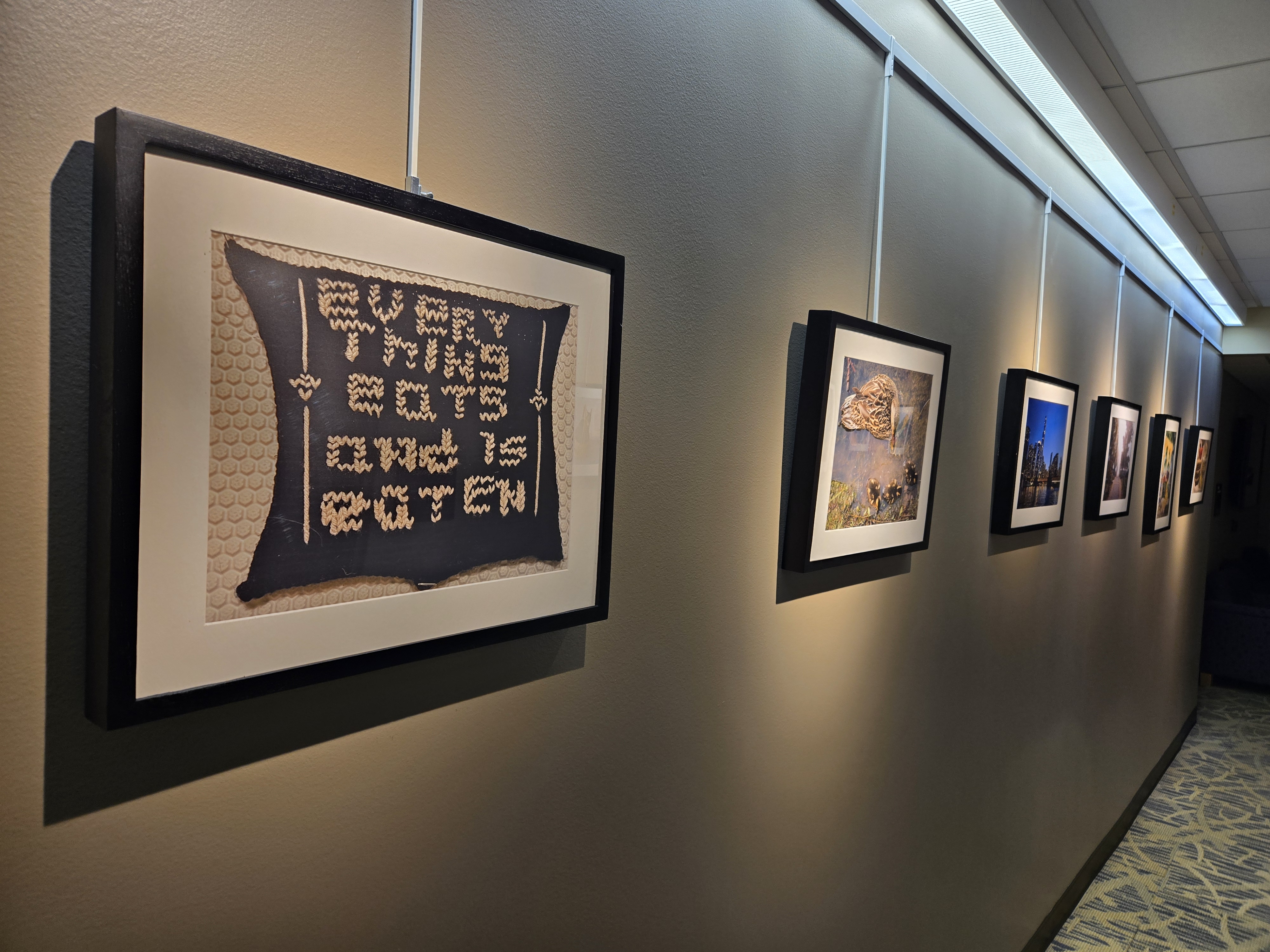 Photograph of micro-gallery wall featuring an artwork containing the phrase "everything eats and is eaten"