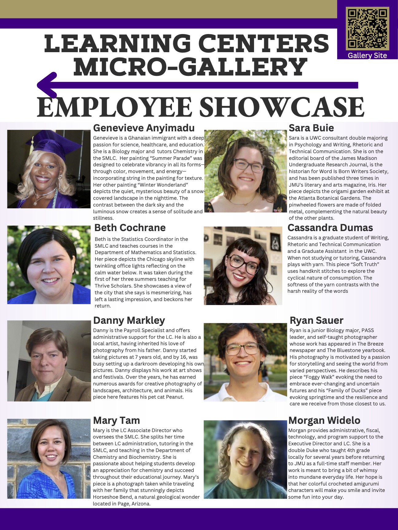 Learning Center Microgallery employee showcase poster featuring eight small photographs of the staff whose work was featured in the gallery along with brief artist bios.