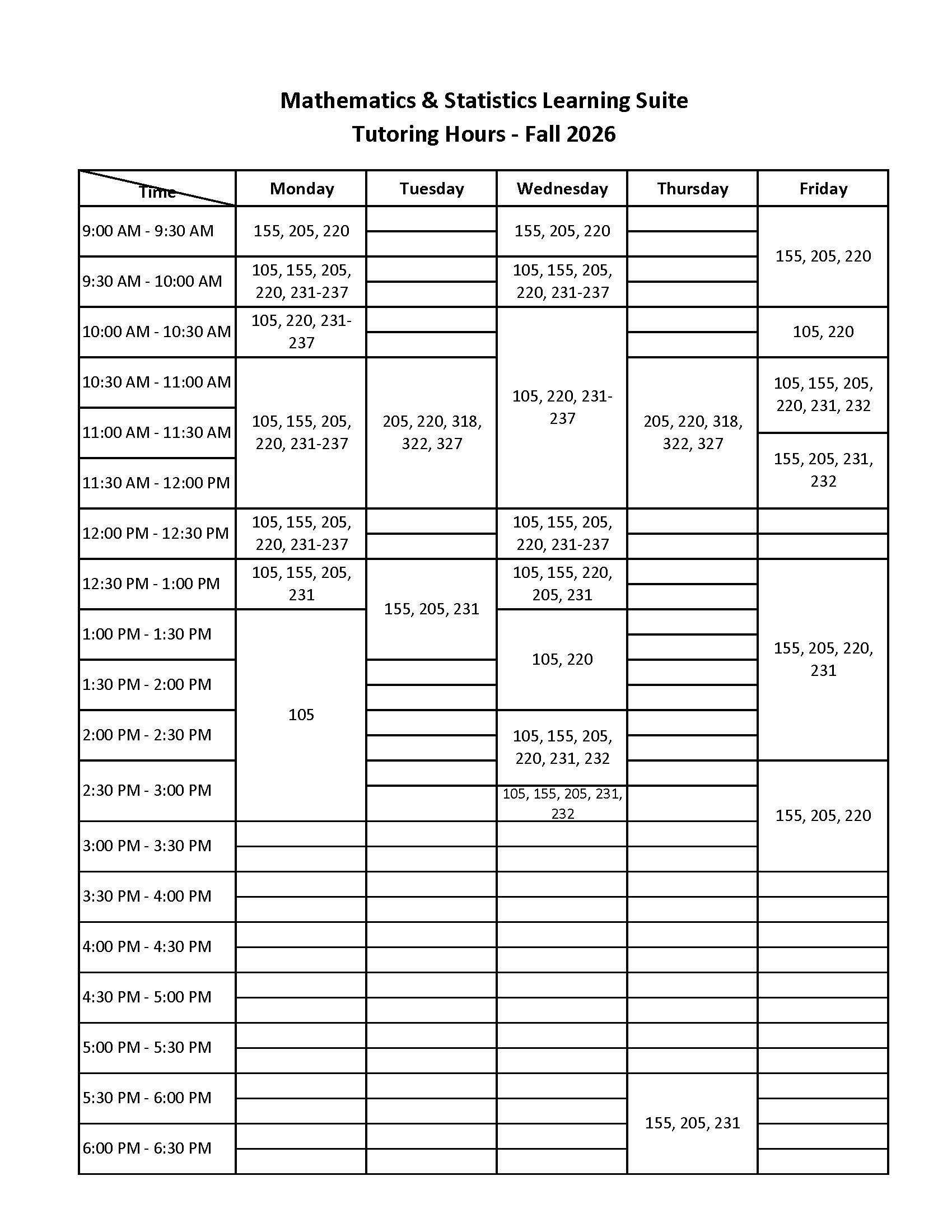 Image shows the learning suite schedule for the current semester