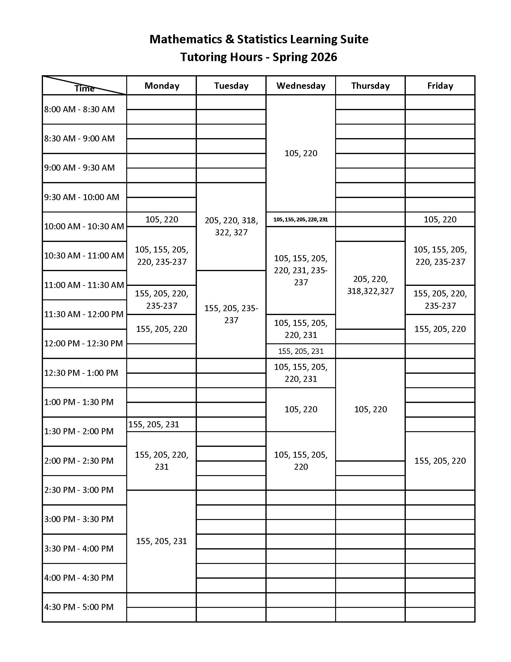 Image shows the learning suite schedule for the current semester