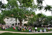 Photo of concertgoers listening to Mr. Jefferson's Bones on the JMU Sculpture Garden lawn.