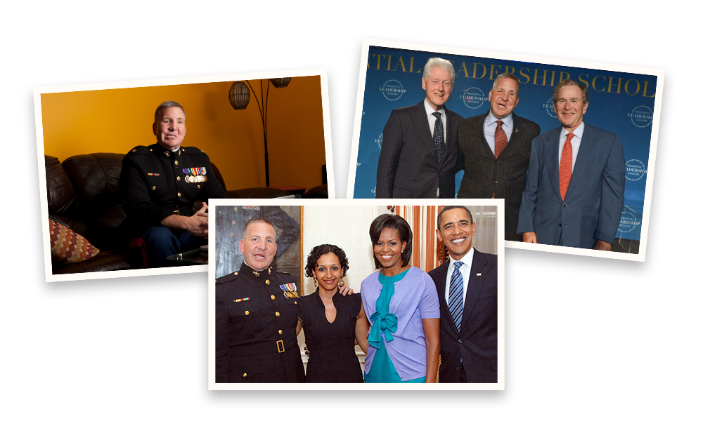 Collage featuring a military officer in uniform, former Presidents Bill Clinton and George W. Bush, and Barack Obama with Michelle Obama, highlighting notable leadership figures.