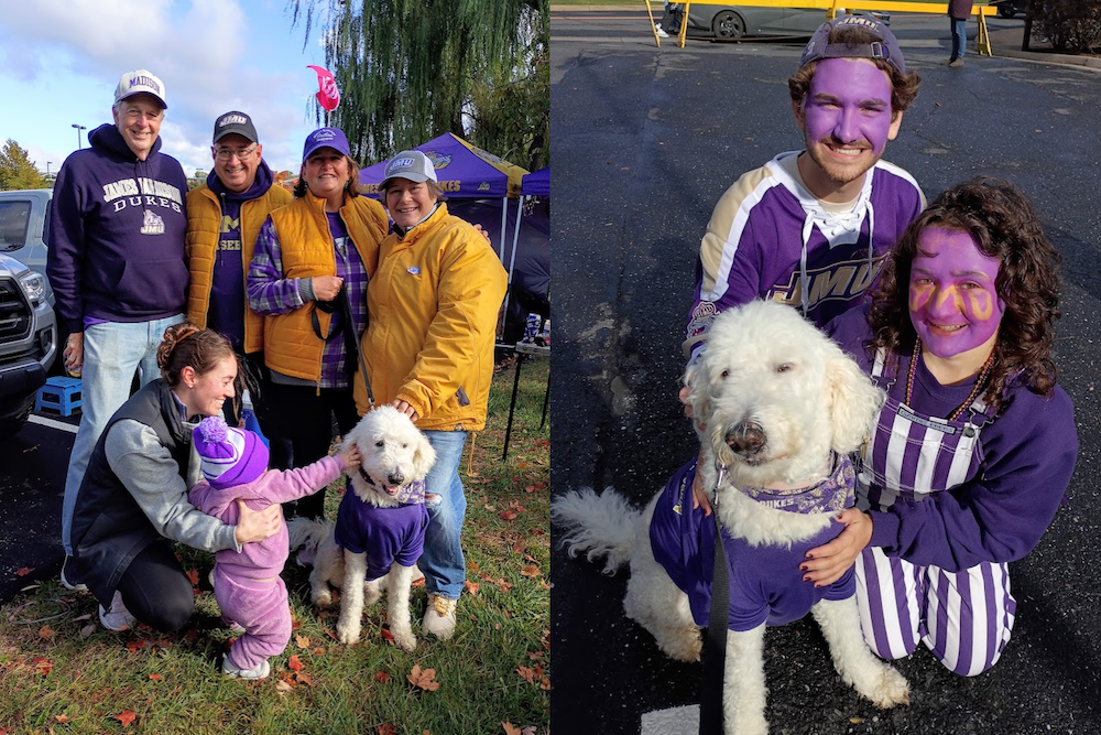 Two photos from a college tailgate: a group in purple and gold gathers around a white dog in a purple shirt, and a couple with purple face paint kneels with the same dog.