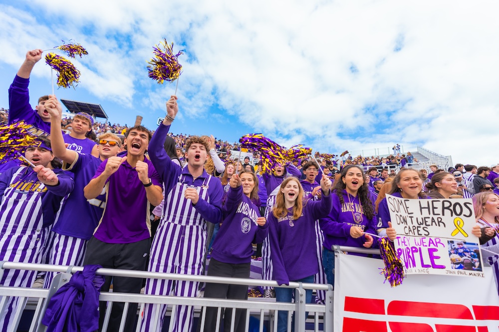 Fans in purple cheer in the stadium stands, waving purple-and-gold pom-poms and holding a sign that reads “Some heros don’t wear capes; they wear purple.”.
