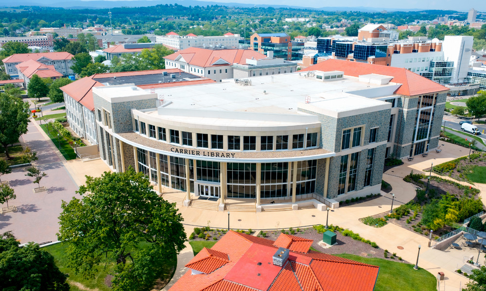 Aerial view of the South Plaza entrance of the Carrier Library 