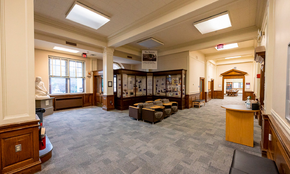 A view of the historic lobby in 2023 before renovation.