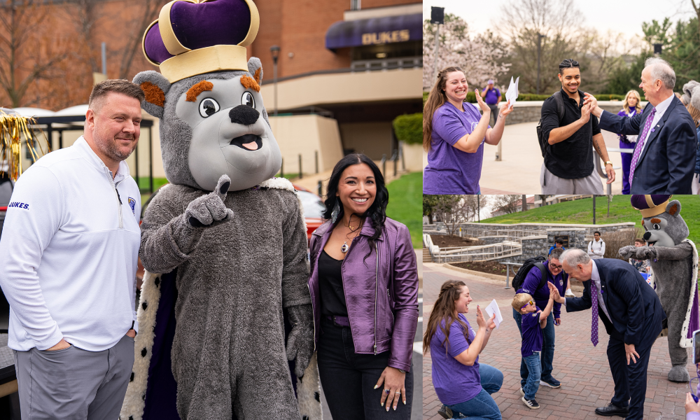 A collage: Matt and Mallory Roan with Duke Dog in front of a SWAG cab, President Schmidt high-fives students and Dukes