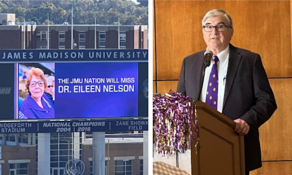 Picture collage: right - Hillgrove speaking on a wooden podium honoring mentor Dr. Eileen Nelson, at her Celebration of Life in 2024 in the President’s Hall; Left- a tribute to Dr. Nelson at Bridgeforth Stadium 
