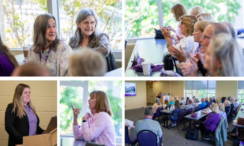 A collage of images: top left - two ladies seated, smiling; top right - crowd seated, laughing; bottom right: crowd in rows of tables, their backs facing to the camera, focused on listening to the presenter at the podium. A close up of the presenter at the podium - bottom left.