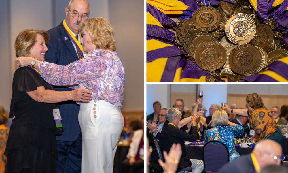a collage - to the left, an image of Ellen presenting the medal to Nancy Moyers. To the top-right, a flat lay of medals; to the bottom-right a group of women around the dinner table raising their glasses in celebration.