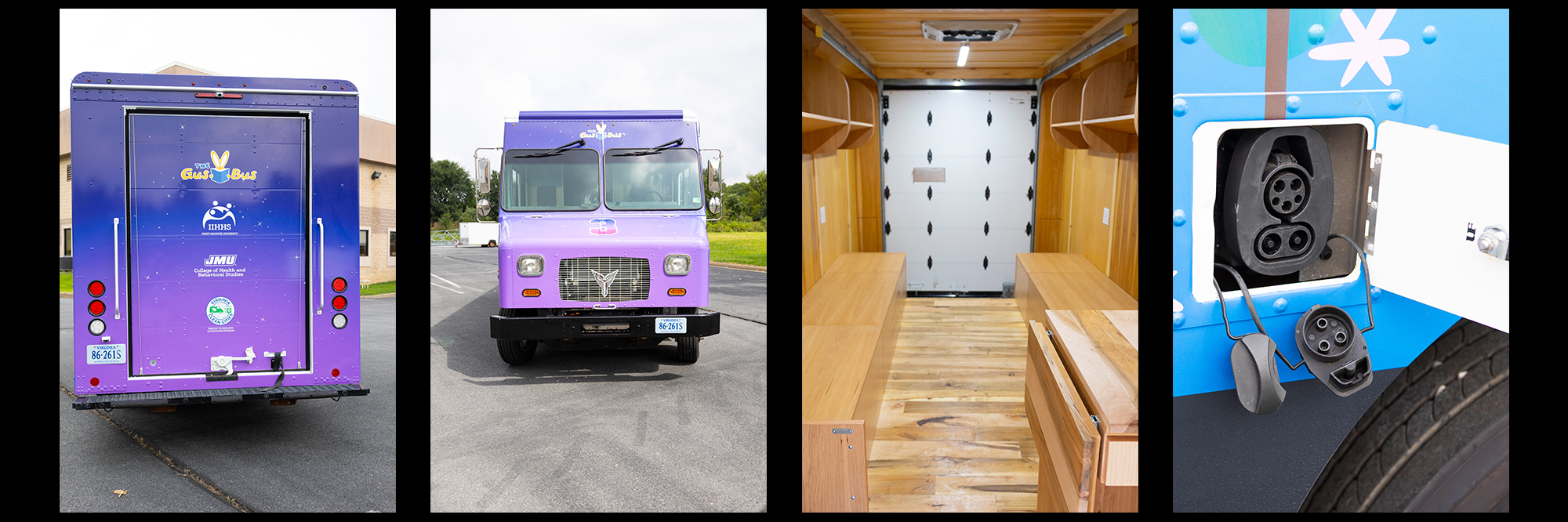 A composite showing the front and back of the vehicle, the electric plug-in, and the wooden interior.