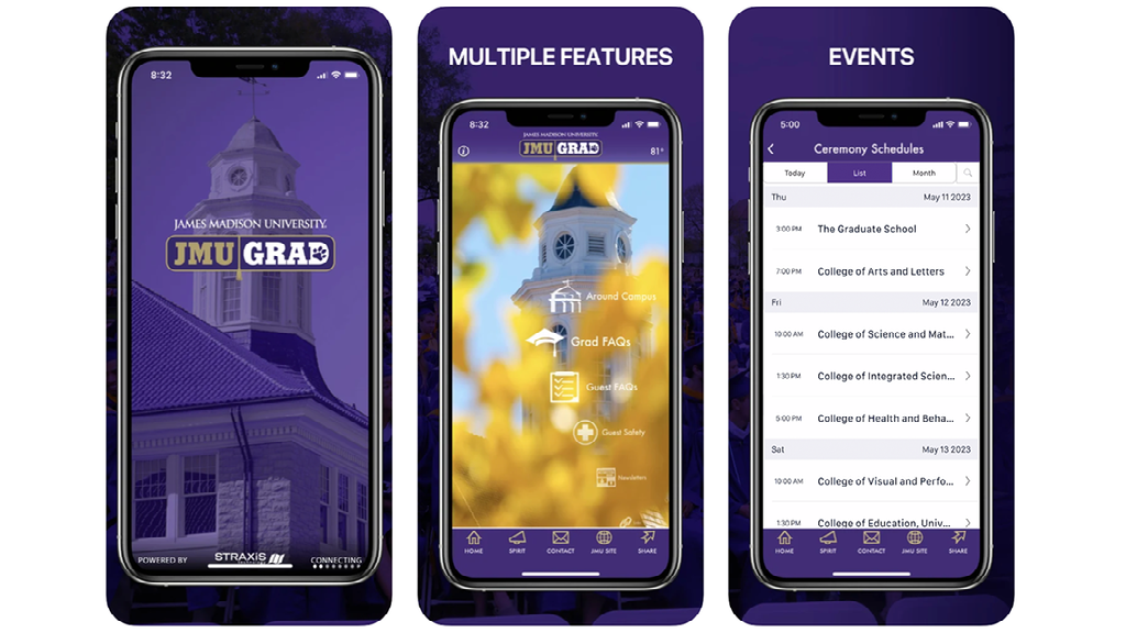 3 images of the JMUGrad App on a mobile device