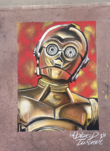 Metallic-gold C-3PO chalk portrait on pavement with a bold red-and-yellow halo.