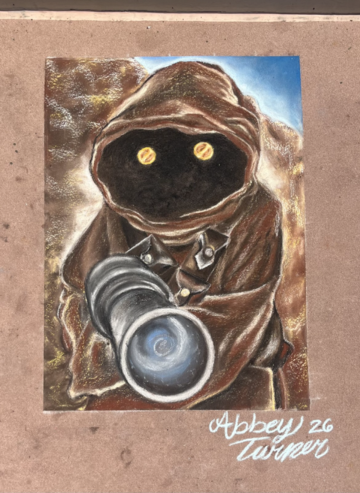 Chalk artwork of a hooded Jawa with glowing eyes pointing a blaster at the viewer.