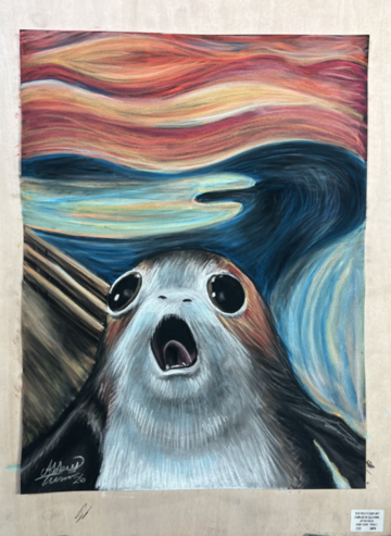 Illustration of a wide-eyed porg with its mouth open against a swirling, colorful sky and wave-like background.
