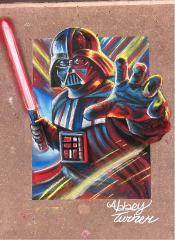 Colorful illustration of Darth Vader holding a red lightsaber and reaching forward, with streaking neon background lines.