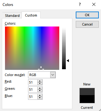 the custom tab of the colors dialogue box. Includes boxes for Red, Green, and Blue values.