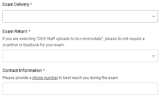 A form for faculty to fill out to indicate the exam/quiz delivery, return, and contact information. 