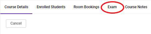 The top of a course in Accommodate. It reads course details, enrolled students, room bookings, exam, and course notes. Exam is circled.