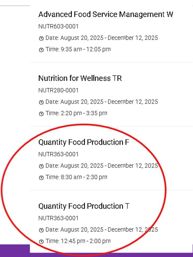 A screenshot of a list of courses in a professor's accommodate portal. The Quantity Food Production courses are circled. 