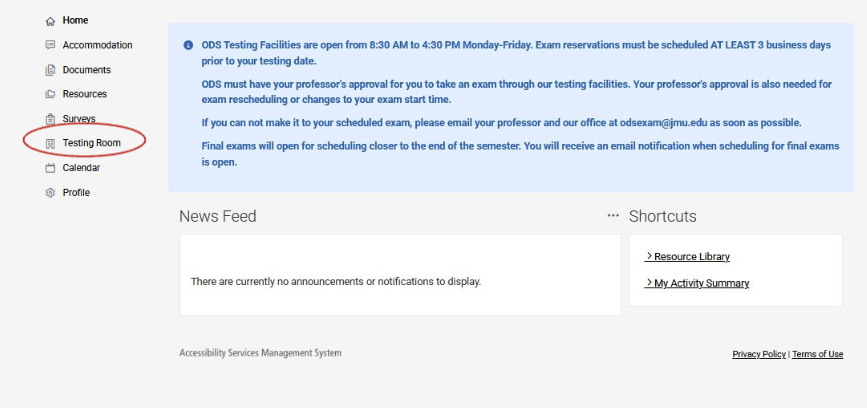 Screenshot within Accommodate of "Testing Room" in the left nav circled in red.