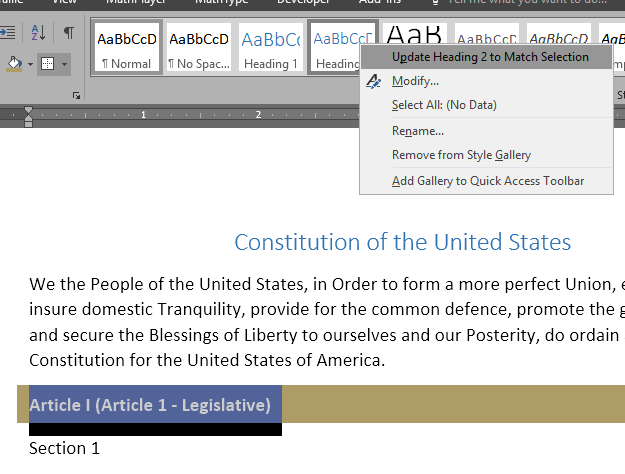 The "Update heading 2 to match selection" option displayed when heading style if right-clicked