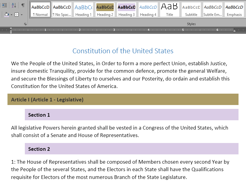 Constitution of the US with article 1 styled as a heading with foreground and background colors as well as section 1 and 2