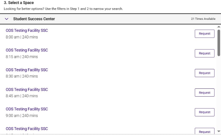 Screenshot of selecting a testing space and time.