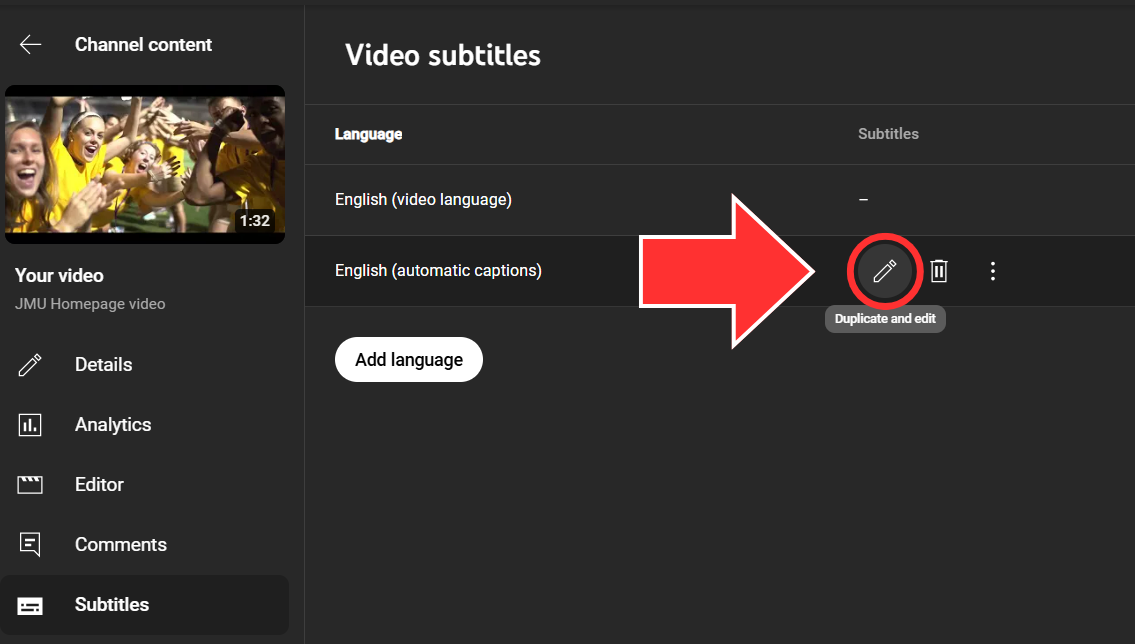 YouTube Studio Subtitle Editor language selection table. An arrow points to the "edit" button for the automatic captioning.