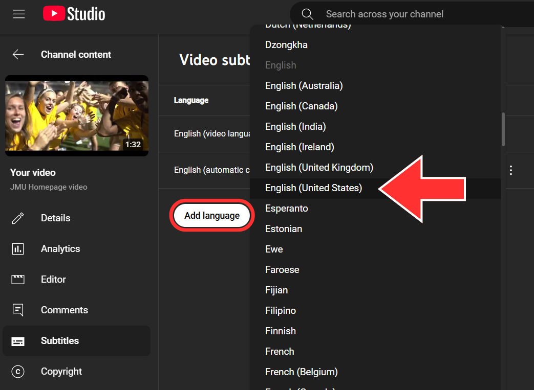 Screenshot of the language selection menu in the YouTube Studio Subtitle Editor. An arrow points to the English option.
