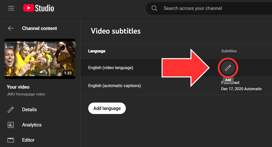 Screenshot of the YouTube Studio Subtitle Editor. An arrow points to the "Add" option in the language table.