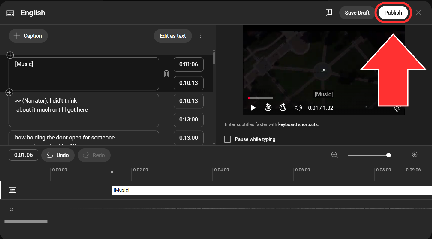 YouTube's captioning interface on the caption editing page. And arrow points to the publish button in the corner.