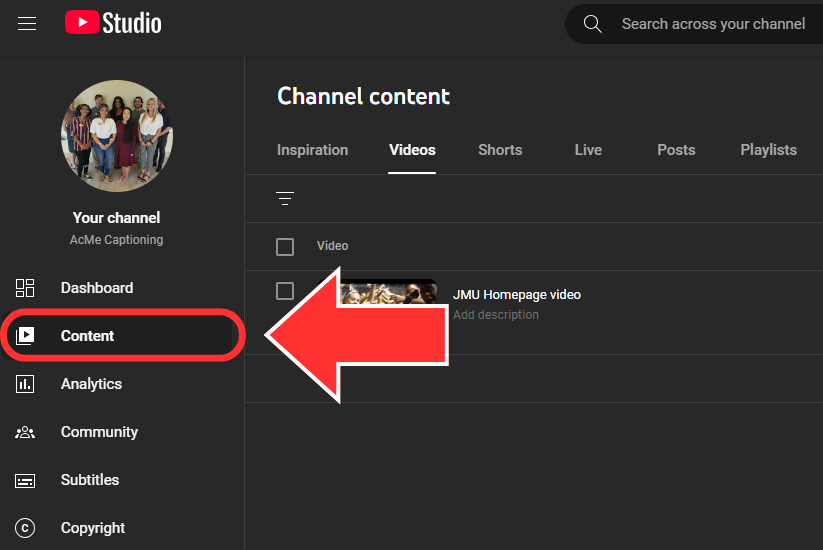 Screenshot of the YouTube Studio Channel Content page. An arrow points to the "Content" tab in the left navigation menu.