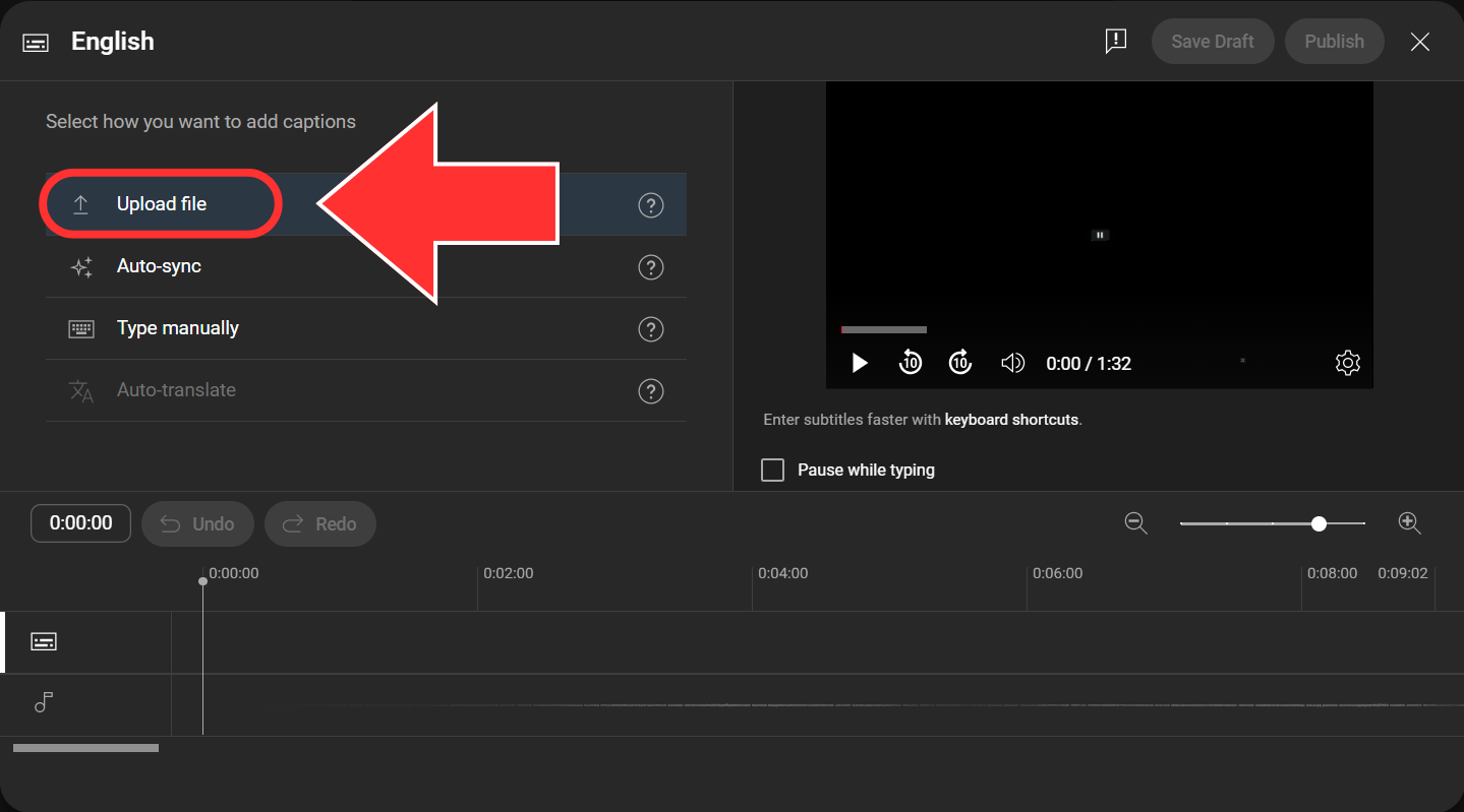 YouTube Studio's captioning interface menu with an arrow pointing to the "Upload File" option.