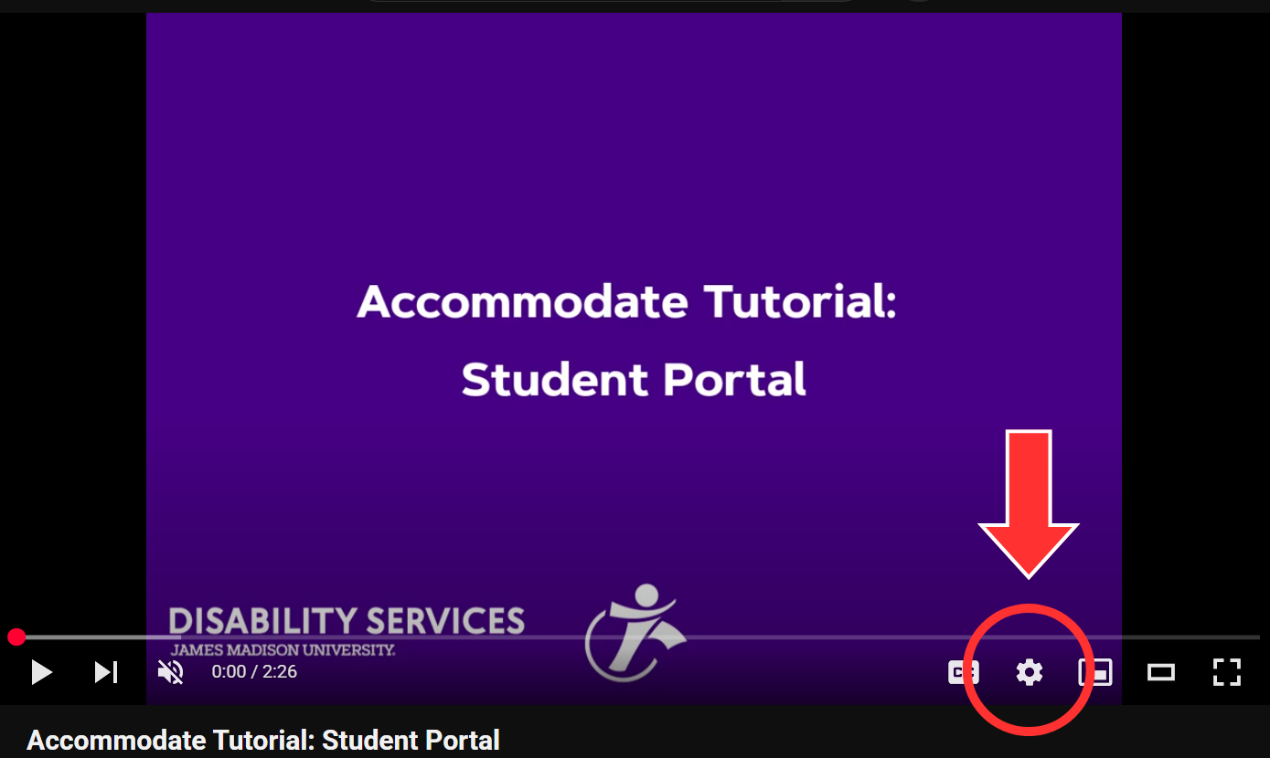 Screenshot of YouTube video. An arrow is pointing to the gear icon in the bottom right of the video player.