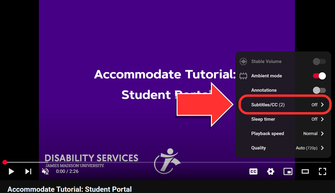 Screenshot of a YouTube video. An arrow points to the subtitles/closed captioning option in the settings menu.