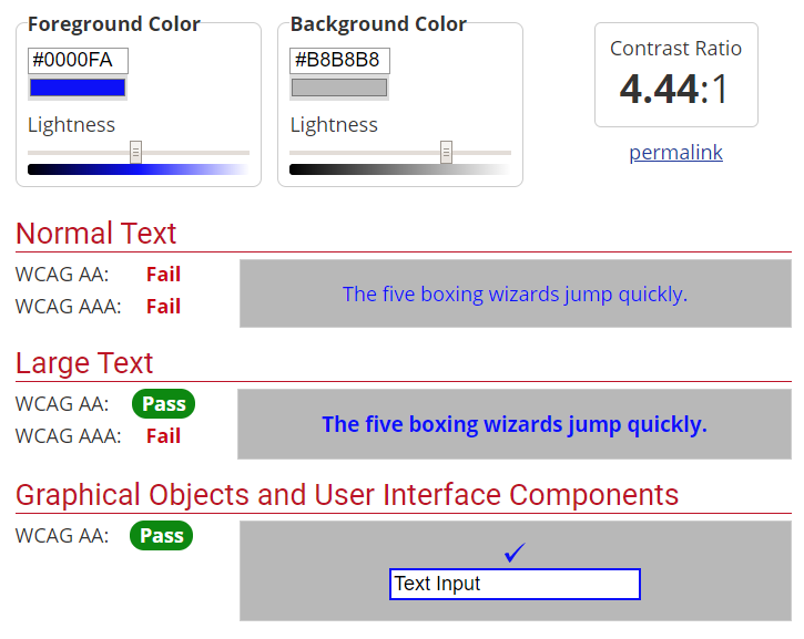 Screenshot of webAIM’s contras checker page. Two colors are input and WCAG AA under the Normal Text heading shows as “Fail”