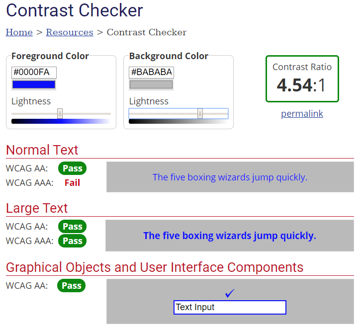 Screenshot of webAIM’s contras checker page. Two colors are input and WCAG AA under the Normal Text heading shows as “PASS”