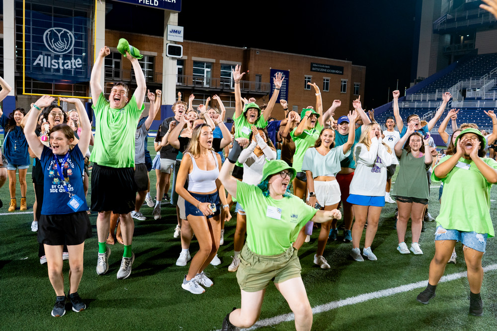 A large group of students participating in an activity.