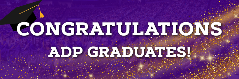 Purple graduation-themed banner with a mortarboard cap and gold confetti over a crowd, featuring the text “CONGRATULATIONS ADP GRADUATES!”.