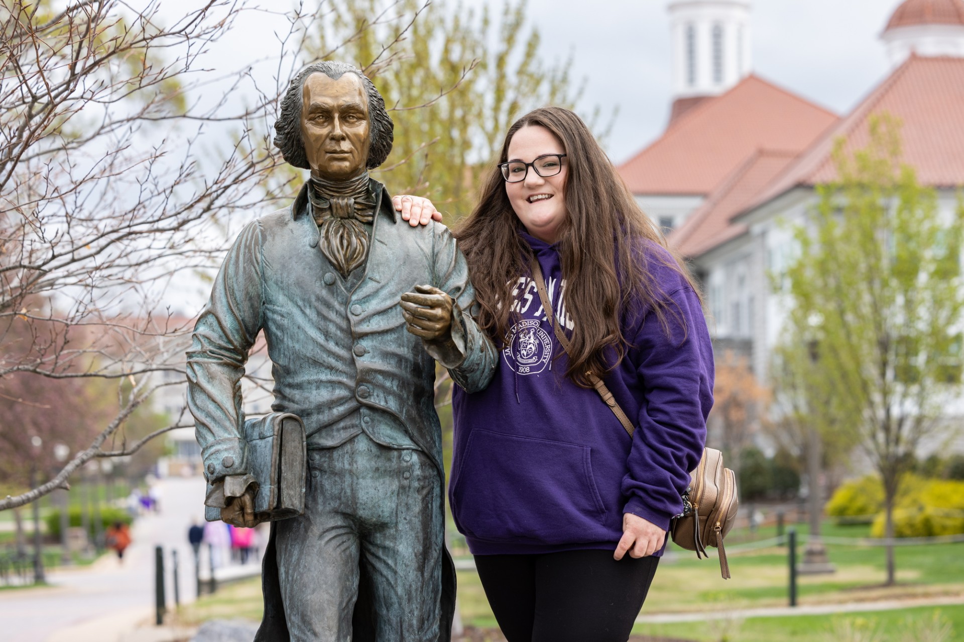 JMU ADP Female Student with Statue of Little Jimmy on the Quad