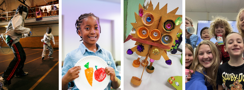 College for Kids collage of fencing students, a student holding an art project, a 3D art project, and an instructor gathered with her students