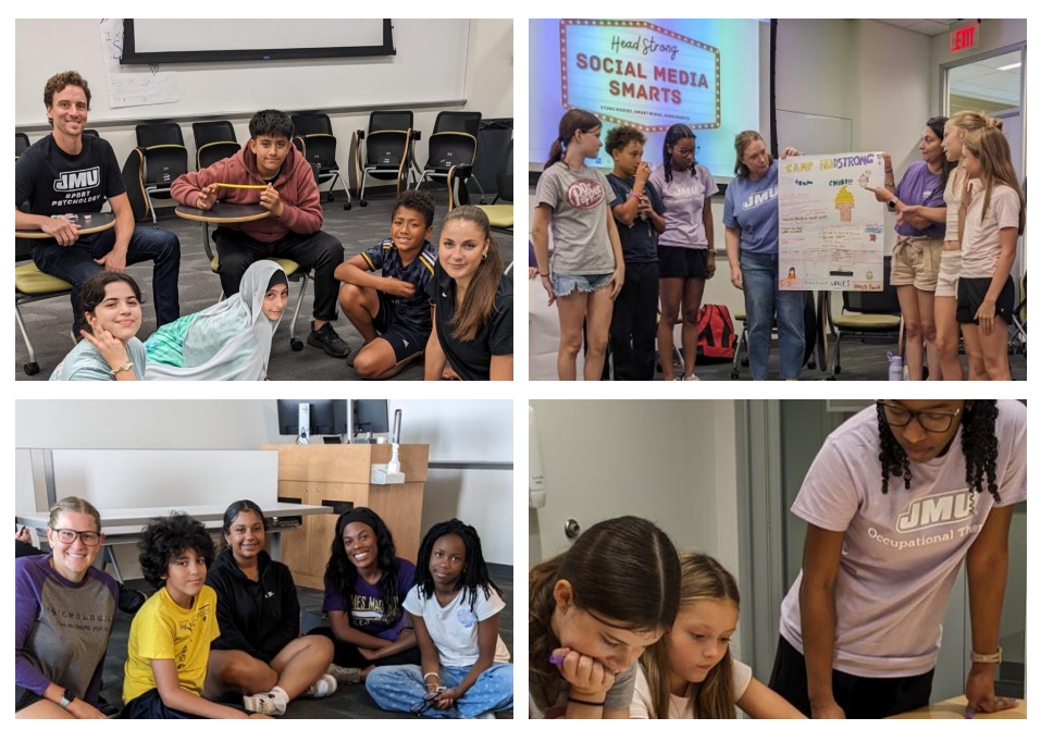 Collage of students and instructors in a classroom during a “Social Media Smarts” workshop, including group photos, a poster presentation, and a mentor helping students at a table.