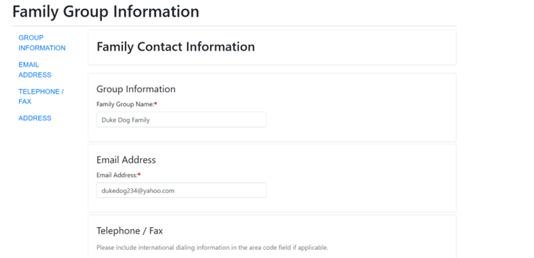 Family Group Information Screenshot