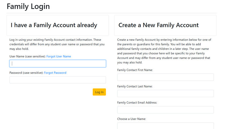 Create a New Family Account Screenshot