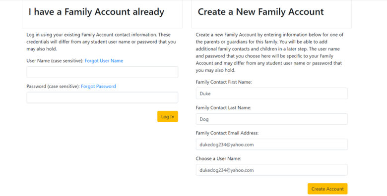Create a New Family Account Screenshot