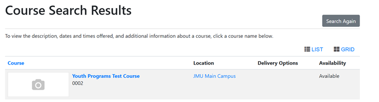 Course Search Results Screenshot